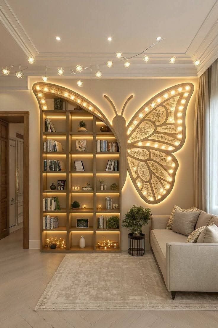مكتبة حائط شكل فراشة من الفوم - مضيئة قابلة للفك والتركيب